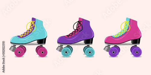 Vector illustration with retro roller skates on pink  background.