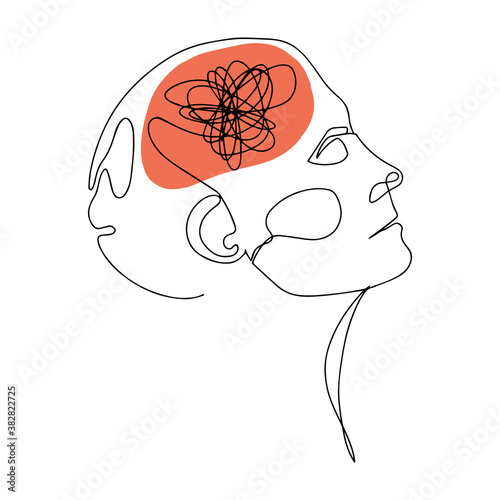 Line Drawing of Human Head With Confused Thoughts In His Brain. Vector Illustration For Therapist And Psychologist