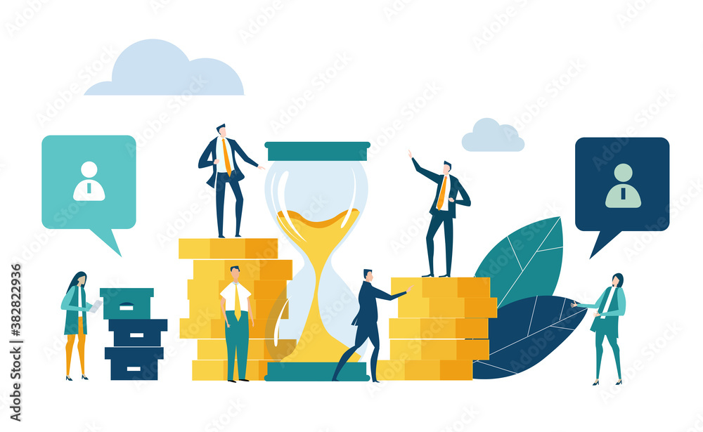 Successful business people bankers stands on top stack of coins next to hourglass, taking, working together, looking for new investments, start up. Best banker winner Successful business people bankers stands on top stack of coins next to hourglass, taking, working together, looking for new investments, start up. Best banker winner