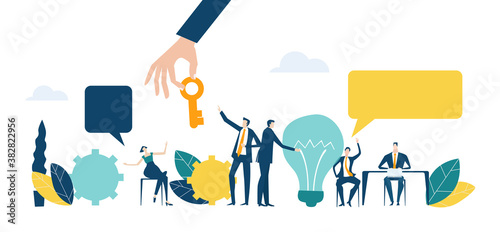 Workspace with business people sitting by desk, working together, discussing, negotiating the deal. Contemporary management concept, solving problem Business concept in flat design style illustration.