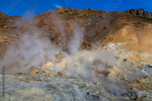 Geothermal area, hot steam, solfataras and hot mud cauldrons. Krisuvik, western Iceland.