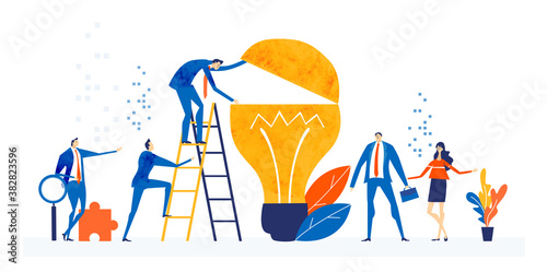 Business people working next to big light bulb as symbol of generating great new ideas, support, control and delivering the deal. 