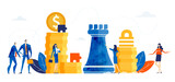 People play with chess figures. Successful business people bankers stand on top stack of coins, working together, looking for new investments, start up. Business concept illustration.