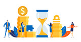 Successful business people bankers stand next to hourglass and stack of coins, working together, looking for new investments, start up. Time is money. Business concept illustration.