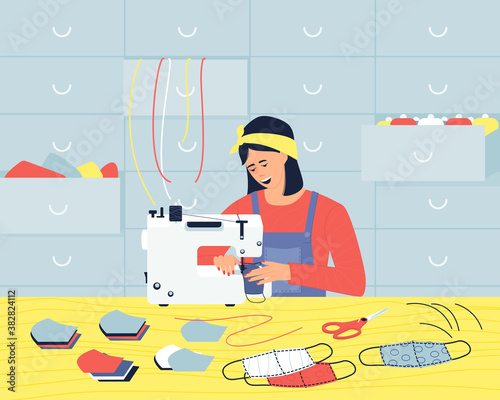 In the workshop, a woman sews medical cloth masks on a sewing machine. Sewing accessories are stored in the boxes. Blanks for fabric masks are laid on the table. Flat vector illustration.
