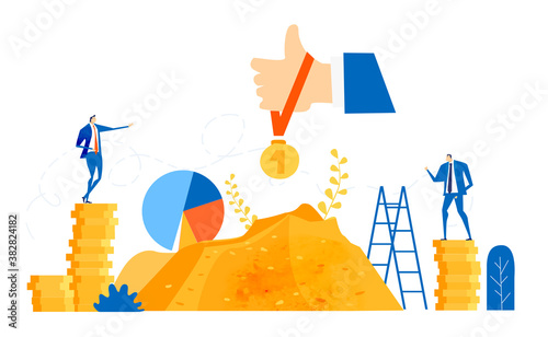 Successful businessman banker stands on top stack of coins and looking for new investments, new start up. Key to success. Business concept in flat design style illustration.