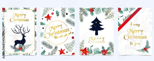 Collection of Christmas background set with holly leaves,flower,ribbon.Editable vector illustration for New year invitation,postcard and website banner
