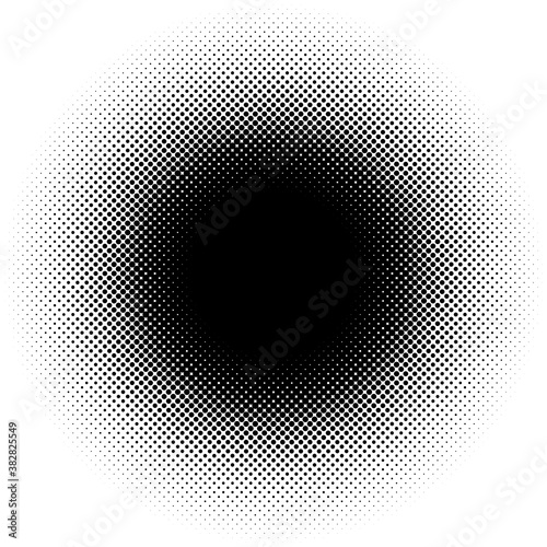 Spherical distortion halftone dots element. Orb, ball deform on bulge, bump speckles, polka-dots and screentone.Pointillist, pointillism abstract geometric circle element, pattern.Curve,camber FX
