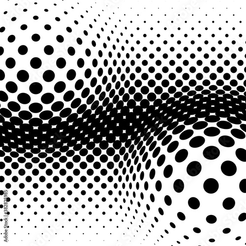 Spherical distortion halftone dots element. Orb, ball deform on bulge, bump speckles, polka-dots and screentone.Pointillist, pointillism abstract geometric circle element, pattern.Curve,camber FX