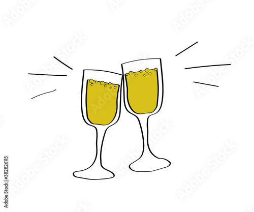 Two glasses of champagne on a white background. Cartoon. Vector illustration.