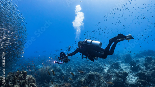 Diver / underwater photographer and Bait ball / school of fish in turquoise water of coral reef in Caribbean Sea / Curacao