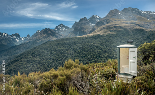 Remote toilet in New Zealand’s Humboldt Mountains along the famous Routeburn Track photo