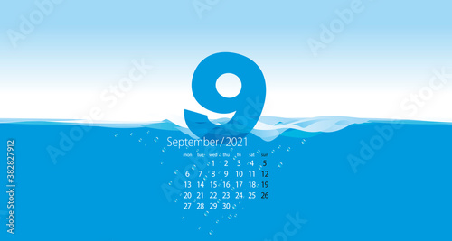 2021 New Desk Calendar 09 month September new year planner organizer template waving water blue background