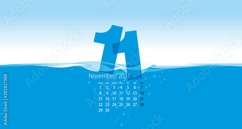 2021 New Desk Calendar 11 month November new year planner organizer template waving water blue background