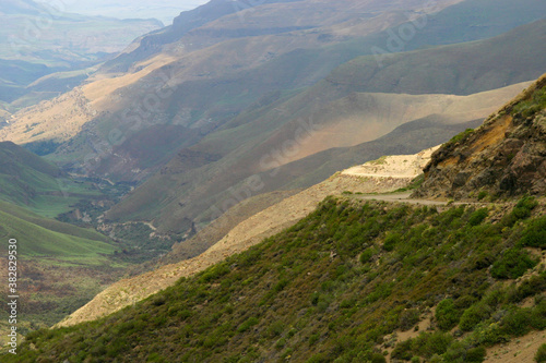 The winding road of the Sani Pass between South Africa and Lesotho