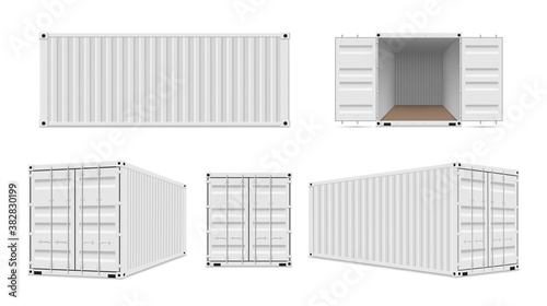 Shipping cargo containers with open, closed doors realistic set. Large intermodal steel freight boxes. photo