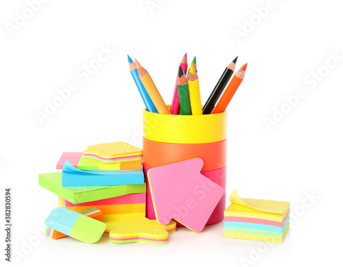 Set of colorful school stationery on white background