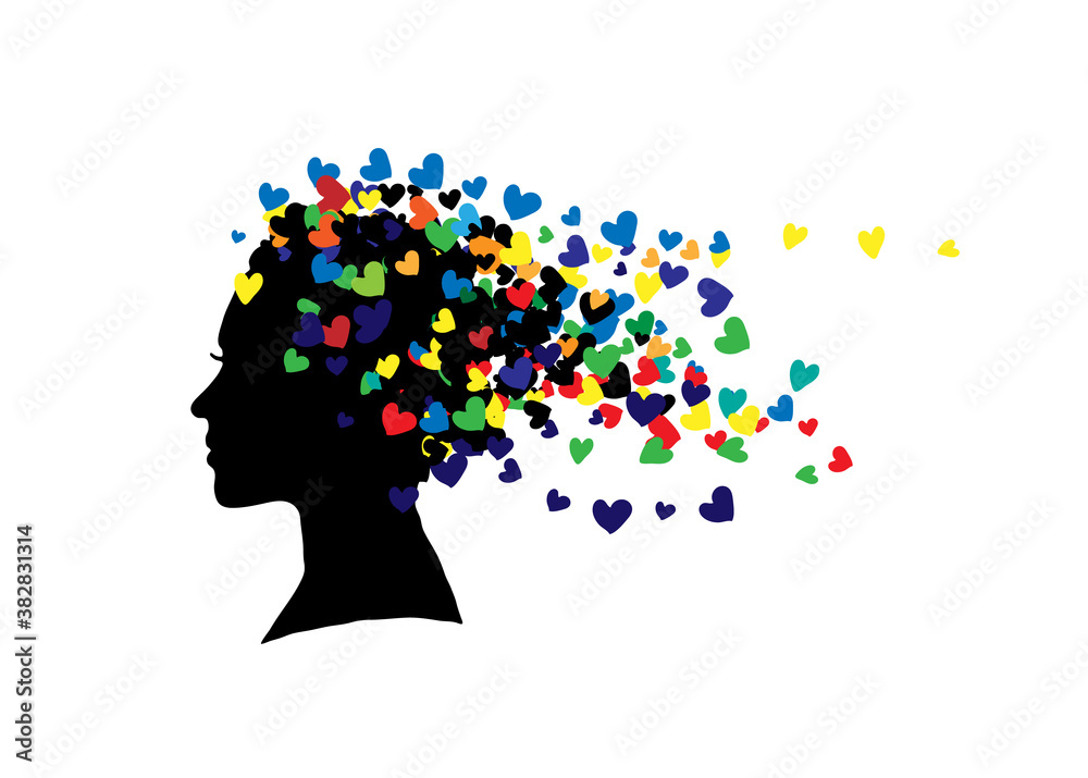 Silhouette of face of girl with hair made of colourful hearts. Illustration isolated on white background. Silhouette of face of girl with hair made of colourful hearts. Illustration isolated on white background.