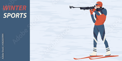 Biathlete shooting from a gun - vector. Winter sports.Banner horizontal
