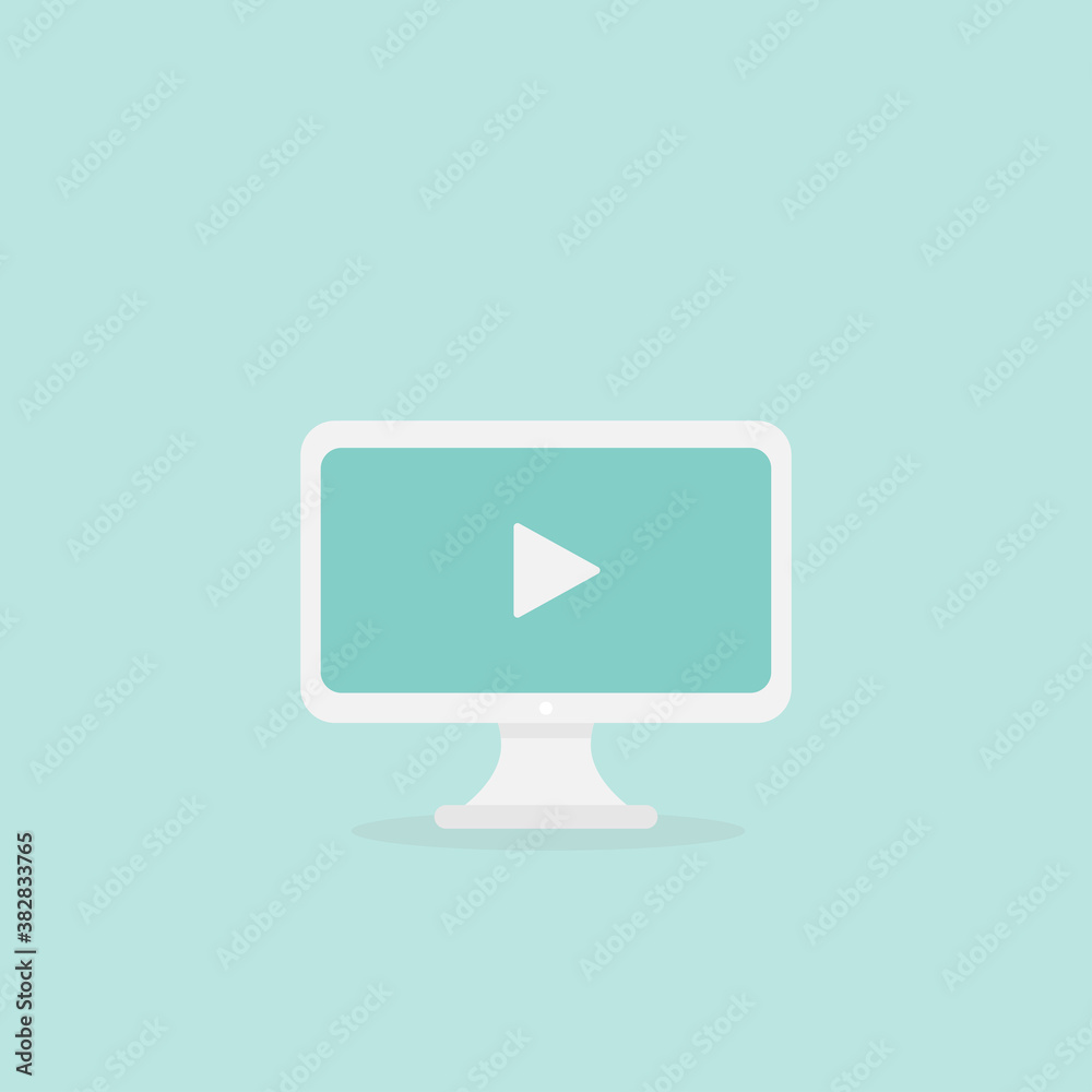 White computer with play button. Watch tutorials sign isolated on blue. Flat vector simple icon. White computer with play button. Watch tutorials sign isolated on blue. Flat vector simple icon.