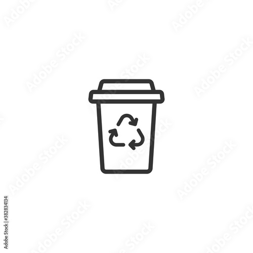 brown take-out coffee with cap and reuse sign. disposable cardboard cup of coffee.