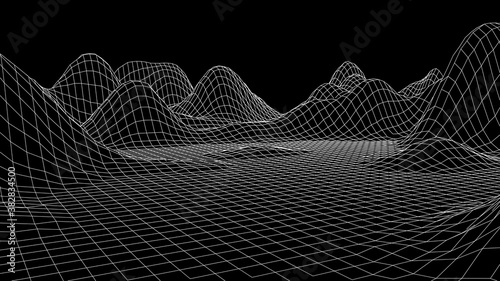 Technology wireframe landscape. Futuristic polygonal terrain background. Digital vector illustration. Retro design.