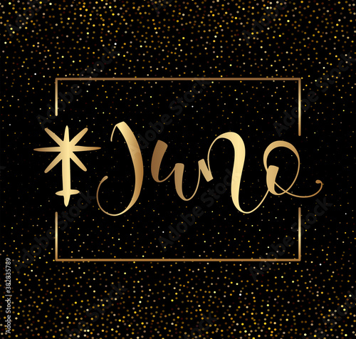Juno - astrological symbol and hand drawn calligraphy - Vector illustration with text and gold sparks photo