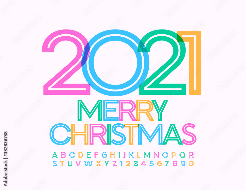 Vector creative greeting card Merry Christmas 2021! Colorful artistic Font. Bright Alphabet Letters and Numbers set