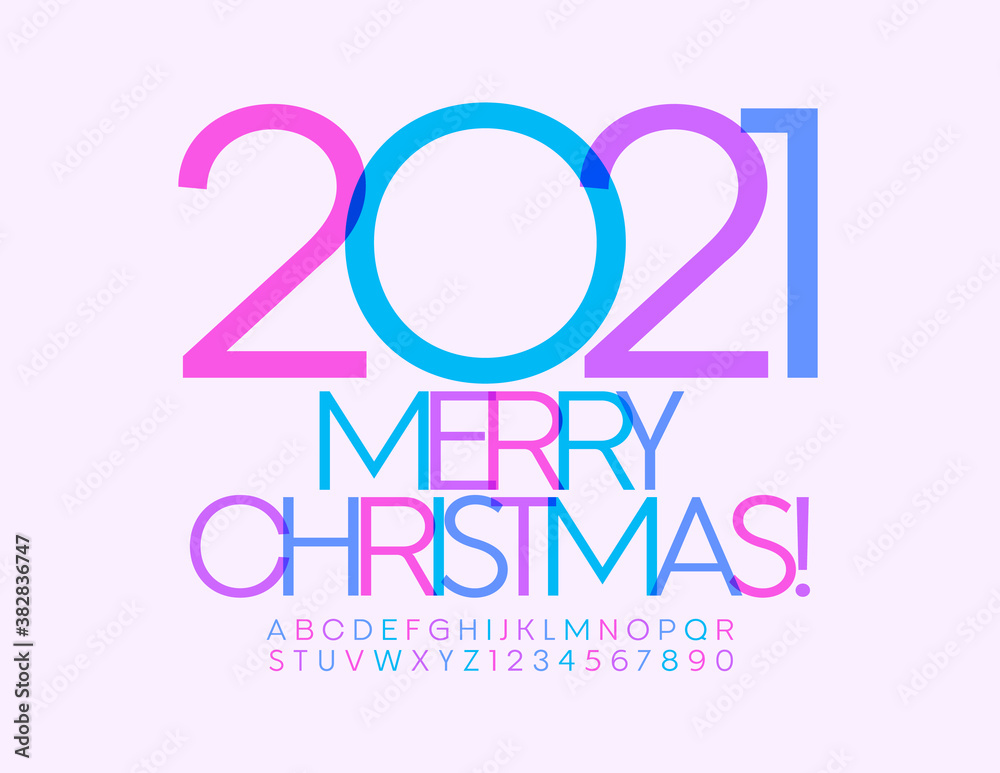 Vector greeting card Merry Christmas 2021! Artistic colorful Font. Bright Alphabet letters and Numbers set