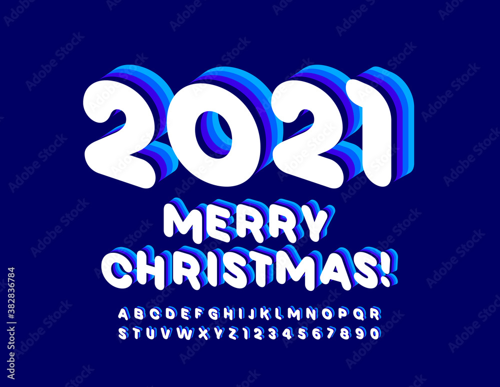 Vector trendy greeting card Merry Christmas 2021! Creative 3D Font. Blue and White Alphabet Letters and Numbers set