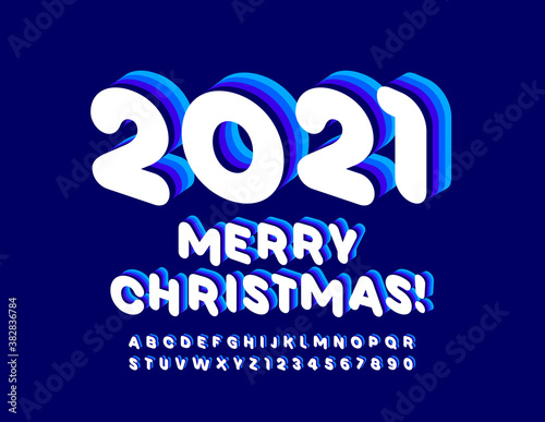 Vector trendy greeting card Merry Christmas 2021  Creative 3D Font. Blue and White Alphabet Letters and Numbers set
