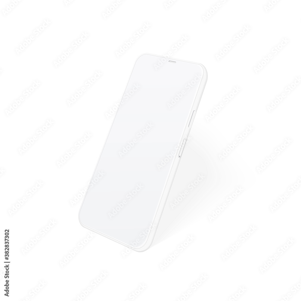 Clay phone mockup. Realistic white smartphone with empty screen for show your design, app, presentation. Isolated 3d mobile side view template with volume buttons and shadow.