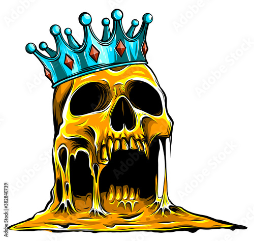 Crowned king skull symbol of spooky human cranium with royal gold crown.