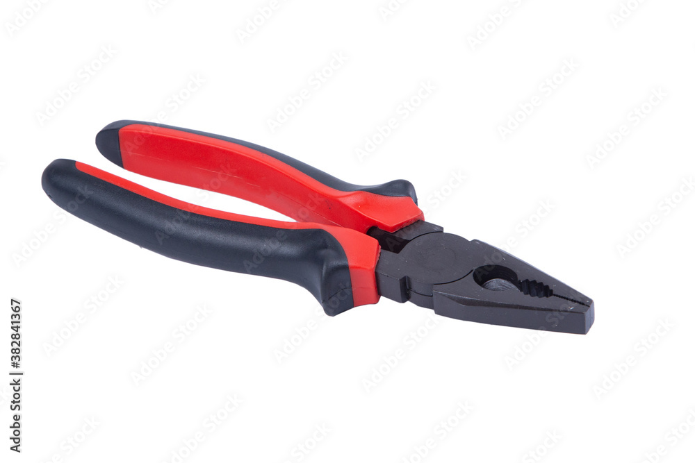 Pliers red and black color on white background. Pliers isolated on white Pliers red and black color on white background. Pliers isolated on white