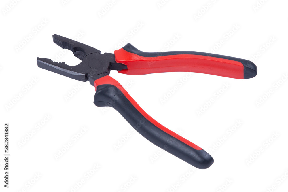 Pliers red and black color on white background. Pliers isolated on white Pliers red and black color on white background. Pliers isolated on white