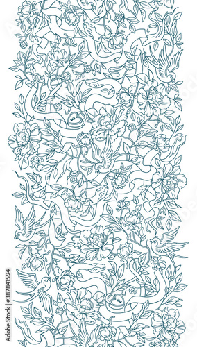 Floral seamless pattern with flying swallows, blooming flowers and snakes. Coloring book