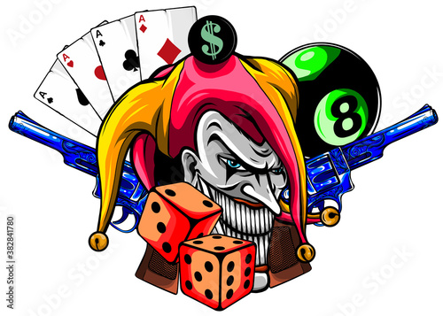 Vector hand drawn illustration of angry clown with guns isolated.