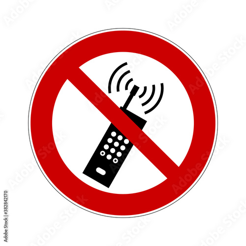 No activated mobile phone sign. Vector illustration of red crossed out circular sign with mobile phone icon inside. Ban cellphone symbol. Phone use is prohibited. ISO 7010 P013.