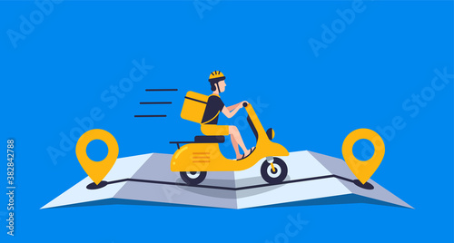 Courier with food bag using retro motorbike on the online map for delivery, concept online delivery 