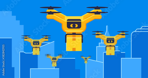 Wallpaper Mural Air drones delivery with parcel flying in city, between skyscrapers concept vector illustration Torontodigital.ca