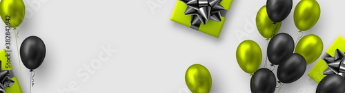 Glossy balloons in green and black colors with gift box. Vector balloons background for holidays or birthday party. Copy space, white background.
