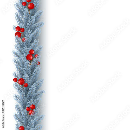 Christmas vertical garland with realistic fir-tree branches and berries. Decorative design element for holiday posters, flyers, banners. Isolated on white background. Vector illustration.