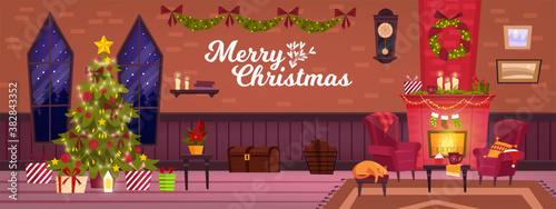 Christmas vector room interior with fireplace, x-mas tree, gift boxes, wreath, armchairs, windows. Winter house indoor background with holiday chimney, brick wall, cat. Christmas room cartoon banner