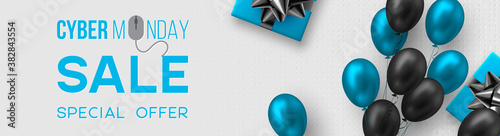 Cyber monday sale poster or banner for seasonal discounts. Gift box with realistic bow and glossy blue and black balloons on code background. Sale concept. Vector illustration.