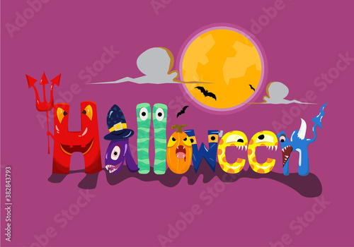 Halloween cartoon ghost book vector, halloween greeting card illustration or cute cartoon background with moon and bats, on purple background