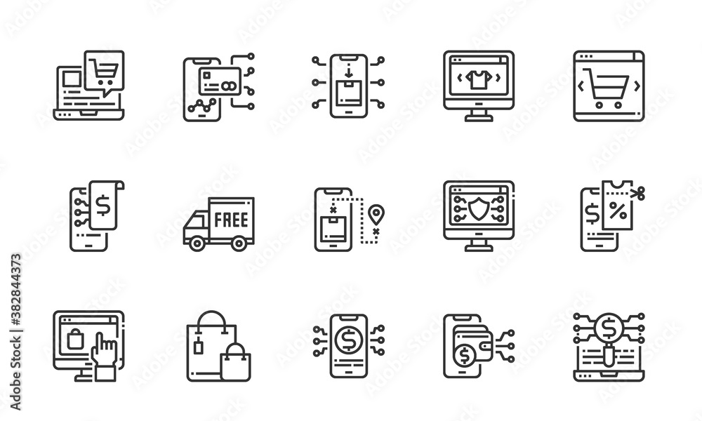 Simple Set of Online Shopping icons line Vector Illustration, Coupon, Searching, Payment, Smartphone Simple Set of Online Shopping icons line Vector Illustration, Coupon, Searching, Payment, Smartphone