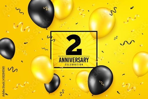 2 years anniversary. Anniversary birthday balloon confetti background. Two years celebrating icon. Celebrate yellow banner. Birthday party balloon background. Age in a frame box. Vector