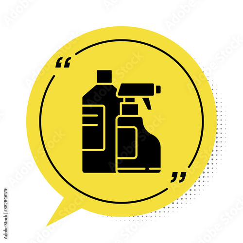 Black Plastic bottles for laundry detergent, bleach, dishwashing liquid or another cleaning agent icon isolated on white background. Yellow speech bubble symbol. Vector Illustration.
