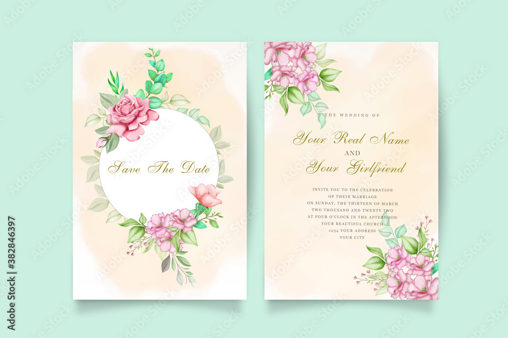 Elegant watercolor wedding invitation card with flower and leaves