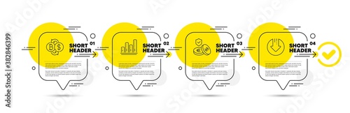 Bitcoin exchange, Graph chart and Savings insurance line icons set. Timeline infograph speech bubble. Download arrow sign. Cryptocurrency change, Growth report, Money exchange. Crisis. Vector
